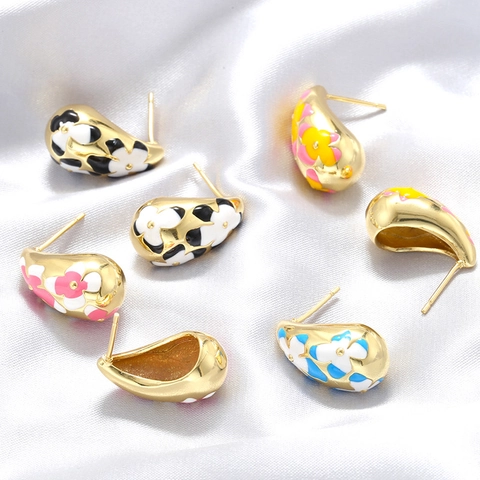 Boucles Doreilles Puces Émaillées Goutte Deau Élégantes Motif Floral Cuivre Plaque Or Bijoux Pour Femmes