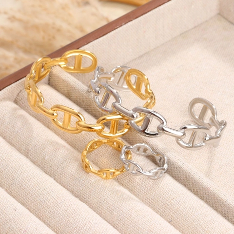 Bracelet Et Bague Chaîne D'ancre Vintage Acier Titane Plaqué Or Jonc Ouvert En Forme De C Pour Femmes