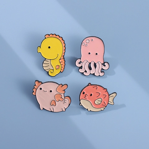 Cute Cartoon Sea Animal Enamel Brooch Pink Octopus Shark Whale Seahorse Axolotl Alloy Pins For Clothing Bag Accessories Jewelry