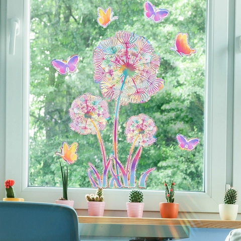 Window Stickers Static Cling Dandelion Butterfly Sun Catcher Glass Decals Rainbow Holographic Modern Home Decor