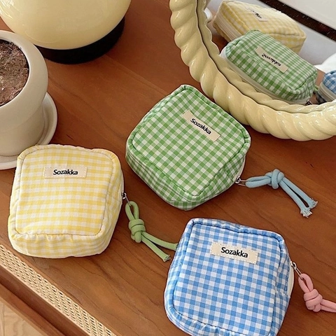 Gingham Damenhygiene Aufbewahrungstasche Mini Gesteppter Baumwollbeutel Mit Seilgriff Tragbare Kosmetiktasche Geldbörse Für Damen Studenten