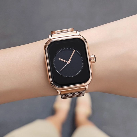 Luxus Damen Quadratisch Quarzuhr Minimalistisch Roségold Gehäuse Silikon Mesh Armband 30M Wasserdicht Armbanduhr Mode Schmuck