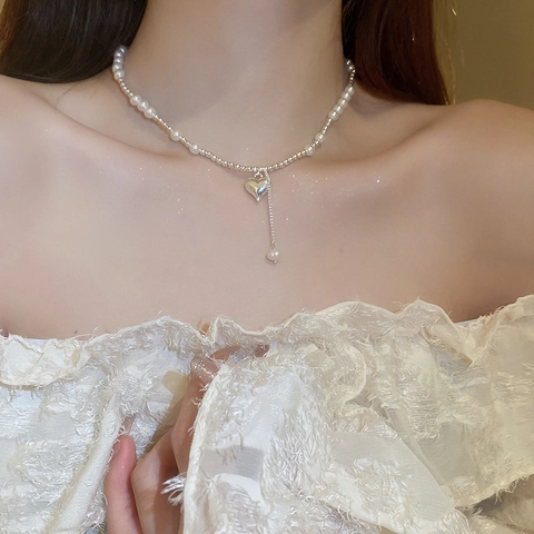 Collar Choker Con Colgante De Corazón Aleación Con Imitación De Perla Artificial Cadena De Clavícula Borla En Y Joyería Elegante Para Mujer