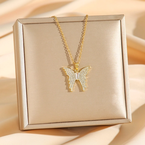Butterfly Pendant Necklace Stainless Steel Full Zirconia Inlay Sweet Light Luxury Jewelry For Women