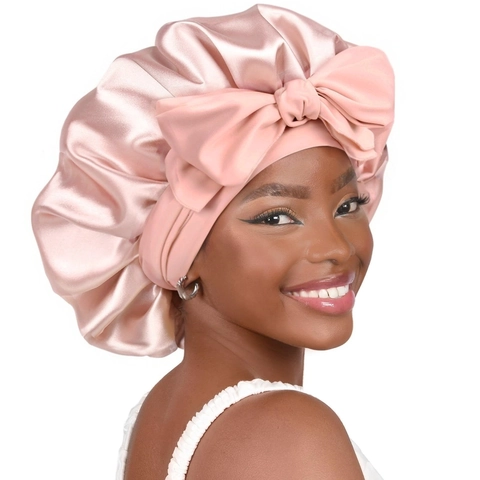Women Satin Sleep Bonnet Double Layer Hair Care Nightcap With Bow Ribbon Elastic Wide Band Adjustable Sleeping Hat For Women
