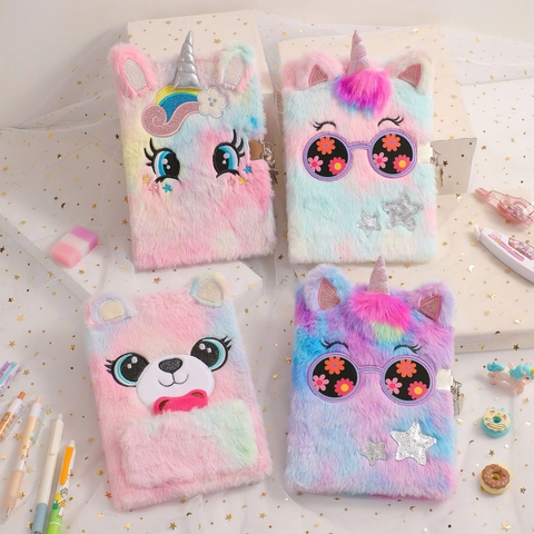 Plush Unicorn Notebook With Lock For Girls Cute Cartoon Faux Fur Diary Journal Stationery Rainbow Tie Dye Pattern