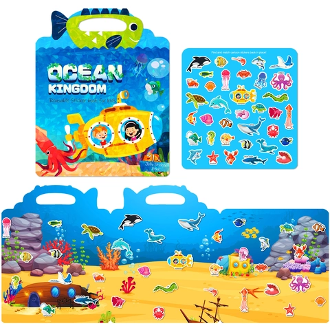 Libro di Adesivi in Gelatina Riutilizzabili Ocean Kingdom per Bambini Adesivi Statici in TPR Impermeabili Giocattolo Educativo Cognitivo Animali Marini