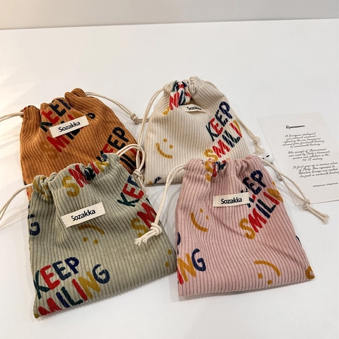 Corduroy Drawstring Storage Pouch Mini Portable Jewelry Cosmetics Organizer Bag Smile Face Pattern Cute Bag For Daily