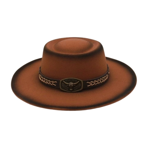 Western Cowboy Hat Wide Brim Cotton Polyester Felt Bull Head Metal Buckle Retro Ethnic Jazz Fedora For Women
