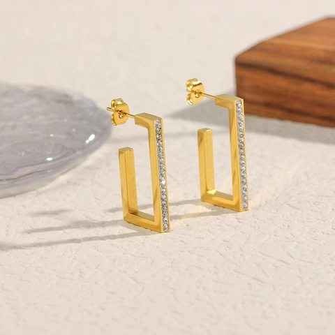 Orecchini a Cerchio Rettangolari di Moda in Acciaio Inossidabile Placcato Oro 18K Zirconia Intarsiata Orecchini Donna