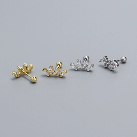 925 Sterling Silver Fan Shaped Stud Earrings With Cubic Zirconia Geometric Dainty Piercing Jewelry Women Screw Back