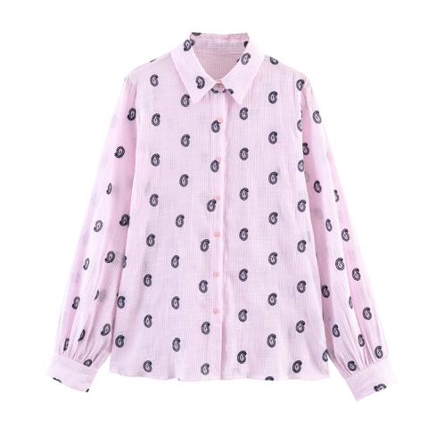 Dames Blouse Met Lange Mouwen Roze Gestreept Met Paisley Borduurwerk Omgeslagen Kraag Losse Pasvorm Casual Top