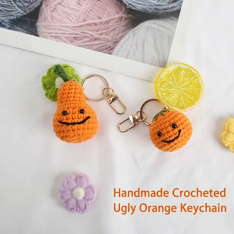 Portachiavi Frutta All Uncinetto Fatto A Mano Arancia Pera Ciondolo Borsa Maglia Cotone Decorazione Viso Sorridente