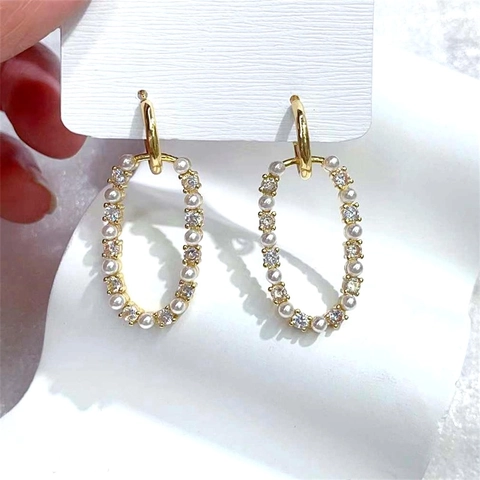 Geometrische Hoop Drop Oorbellen Koper Verguld Met Imitatie Kunstparel En Zircon Elegant Luxe Mode Voor Vrouwen