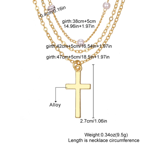 Cross Pendant Necklace Alloy Imitation Artificial Pearl Multi Layer Stacked Faith Letter Vintage Bohemian Jewelry For Women