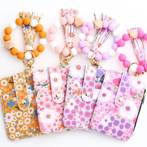 Floral Print Vertical Card Holder Wallet With Silicone Bead Wristlet Keychain Tassel Zip PU Leather For Women