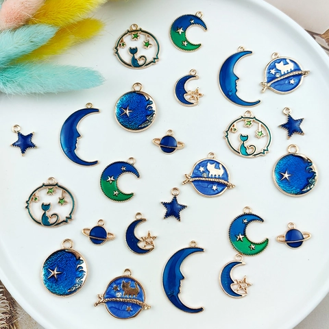 Starry Sky Star Moon Cat Enamel Alloy Charms Pendants For DIY Jewelry Making Necklaces Earring Crafting Accessories