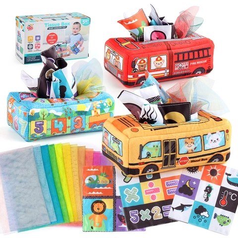 Baby Sensory Tissue Box Toy Soft Cloth Crinkle Paper Early Education Learning Development Cartoon Vehicle Infants Toddlers