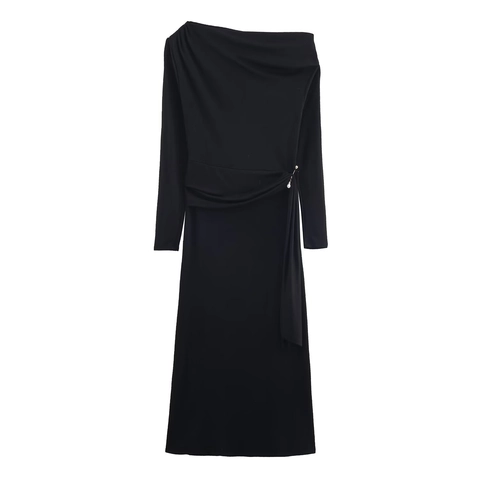One Shoulder Long Sleeve Maxi Dress Stretch Polyester Ruched Bodycon With Artificial Pearl Accent Elegant Evening Gown