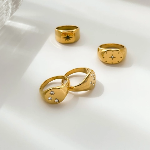 Anillo De Sello Chapado En Oro Acero De Titanio Circonita Estrella Hexagrama Vintage Joyería Minimalista Mujer