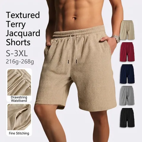 Mens Casual Shorts Polyester Jacquard Texture Elastic Drawstring Waist Summer Beach Loose Fit Bottoms With Pockets