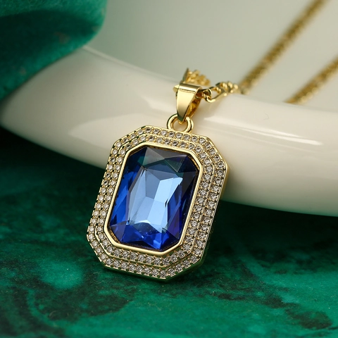 Square Pendant Necklace Copper Large Zircon Gemstone Retro Figaro Chain For Women Luxurious Elegant