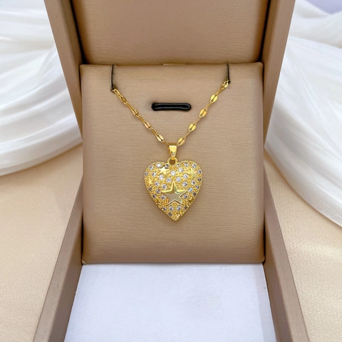 Herz Anhänger Halskette Mit Titanstahl Kette Und Kupfer Zirkon Stern Muster Vergoldet Luxus Für Damen