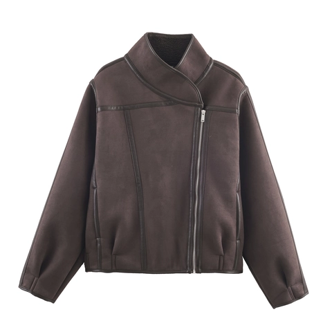 Giacca In Scamosciato Sintetico Da Donna Fodera In Montone Cerniera Asimmetrica Cappotto Da Motociclista Streetwear