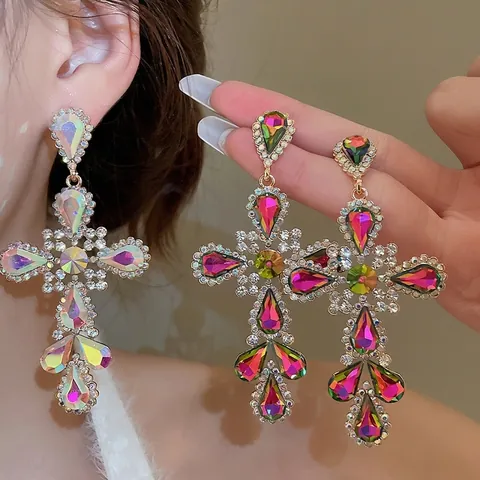 Pendientes Cruz Barroca Aleación Cristal Colorido Con Poste De Plata De Ley 925 Declaración Mujeres