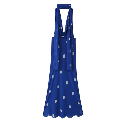 Vintage Maxikleid Mit Punktmuster Halfter Rückenfrei Ärmellos Polyester Elegant Hohe Taille Langes Kleid Für Damen