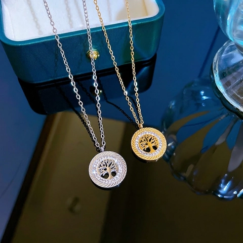 Lebensbaum Anhänger Halskette Titanstahl Rund Rheinstein Schlüsselbein Kette Minimalistischer Schmuck Geschenk Für Damen