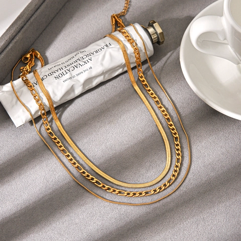 Collier Multi Rangs Acier Inoxydable Ne Décolore Pas Plaqué Or Chaîne Serpent Figaro Bijoux Élégants Pour Femmes