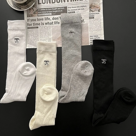 Chaussettes Hautes Femmes Coton Tricot Côte Respirant Mince Style Ballet Broderie Noeud Doux Rétro Bas De Mollet
