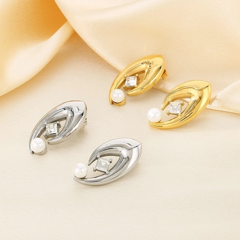 Vintage 18K Gold Plated Stainless Steel Earrings Square Zircon Shell Artificial Pearl Geometric Curved Leaf Drop Jewelry Women