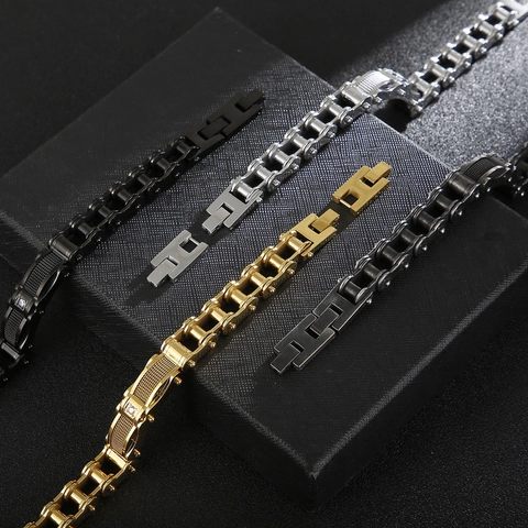 Men Stainless Steel Bracelet Motorcycle Bike Chain Industrial Style Mesh Texture Inlaid Zirconia Jewelry