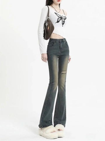 Vaqueros Acampanados De Cintura Alta Para Mujer Pantalones De Mezclilla Rasgados Lavado Vintage Ajustado Retro Streetwear