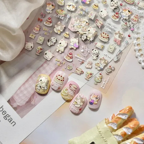 3D Embossed Nail Art Stickers PET Cartoon Cat Sweet Dessert Cake Coffee DIY Self Adhesive Manicure Decals For Women