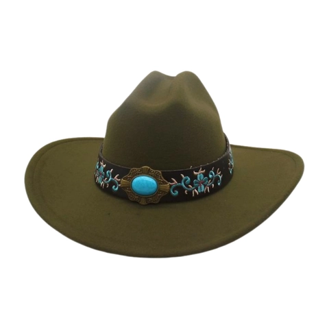 Cappello Da Cowboy Western Vintage Etnico Ricamo Floreale Pietra Turchese Decorativo Tesa Larga Feltro Lana Fedora