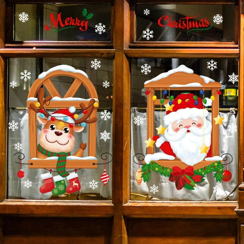 Christmas Window Clings Santa Claus Reindeer Snowflake Static Stickers Waterproof Holiday Glass Door Decoration DIY Mural