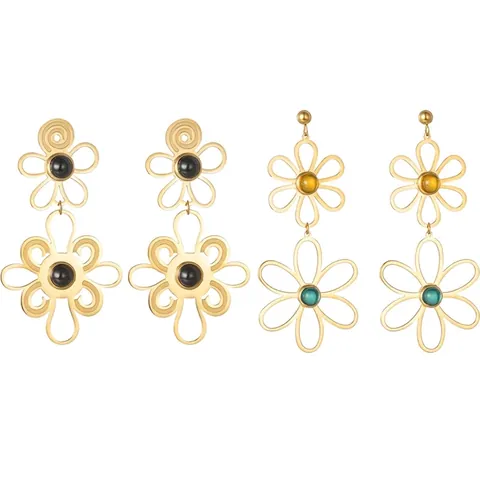 Elegant Stainless Steel 18K Gold Plated Hollow Flower Drop Earrings For Women Vintage Rhinestone Dangle Jewelry Accessory