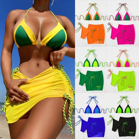 Women Bikini Swimwear Color Block Halter Braided Tie String With Drawstring Mesh Cover Up Skirt Sexy Beach Bathing Suit