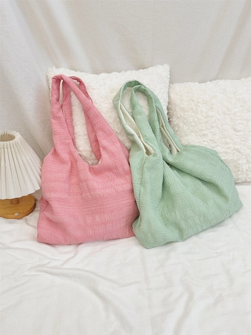Women Large Capacity Tote Bag Ruched Seersucker Texture Polyester Solid Color Minimalist Korean Style Shoulder Bag