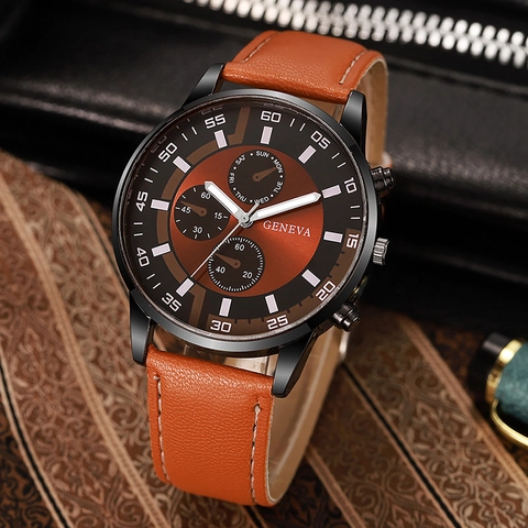 Men Business Quartz Watch With Leather Strap Alloy Case Sunray Dial Decorative Subdials Casual Dress Wristwatch