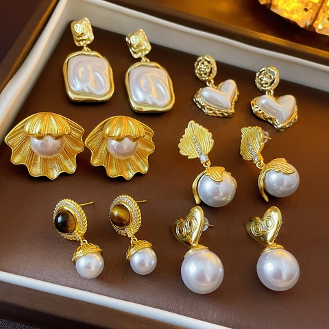 Vintage Kupfer Ohrringe Mit Silbernem Ohrstecker Herz Blatt Künstliche Perle Zirkon Barock Elegante Hängende Schmuck Für Frauen