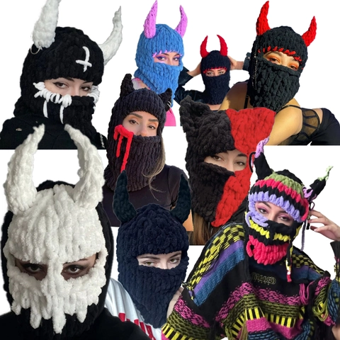 Cagoule Tricotée Chapeau Corne De Diable Masque Fait Main Y2K Gothique Punk Halloween Costume De Fête Couvre-Chef D'Hiver Chaud