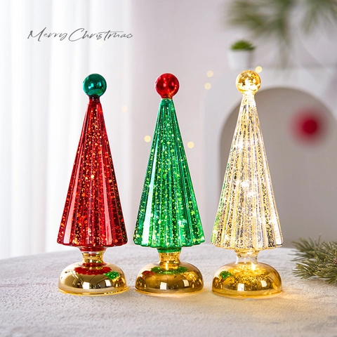 LED Light Up Mercury Glass Christmas Tree Angel Mushroom Tabletop Ornament Festive Desktop Holiday Glow Decoration