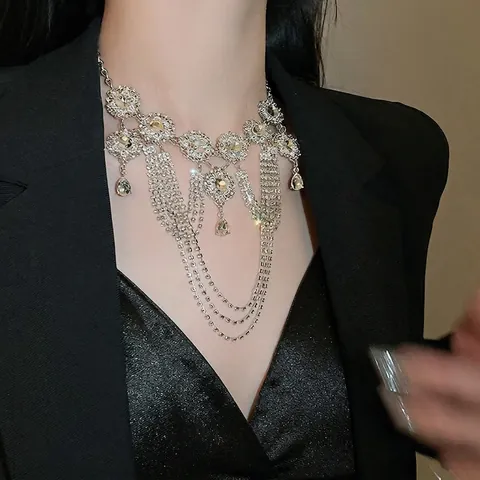 Statement Tassel Necklace Alloy Rhinestone Multi Layer Geometric Luxury Retro Wedding Party Jewelry For Women Silver Tone