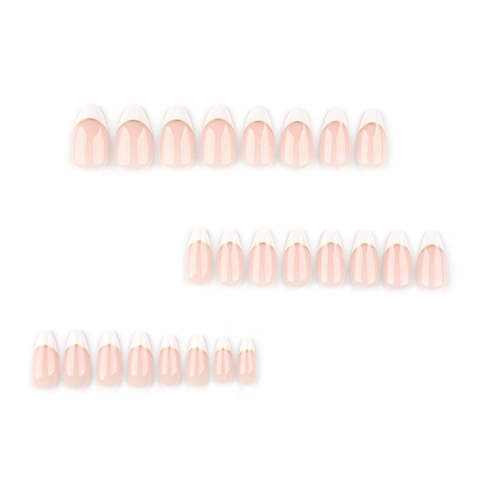 Franse Press On Nagels Amandelvorm Witte Tip Gouden Lijn Nude Roze Elegante Eenvoudige Kunstnagels Voor Vrouwen Dagelijks