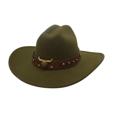 Cappello Da Cowboy Occidentale Vintage Feltro Tesa Larga Con Ornamento In Metallo Teschio Di Toro E Fascia In Pelle