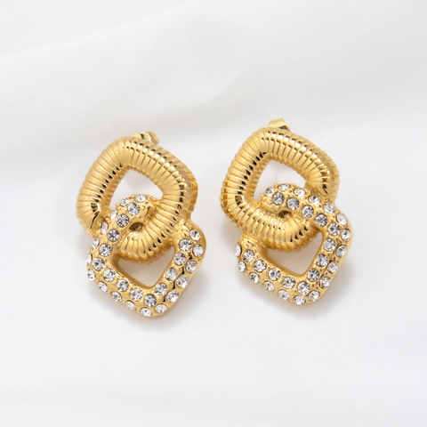 Stainless Steel Interlocking Geometric Rhinestone Hoop Earrings And Twisted Ring Artificial Pearl Stud Earrings For Women